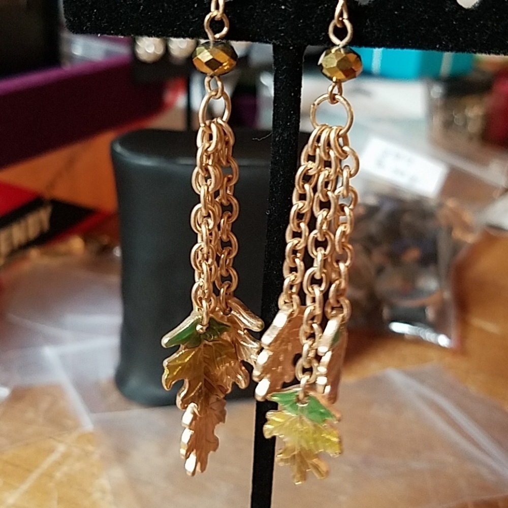 Leaf Leaves Beads Chain Antique Gold Tone 3" Earrings